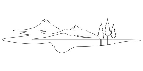 Continuous single line drawing Mountain valley. Lake among the mountains. Trees on the bank of a reservoir. Linear design. One continuous line isolated minimalist illustration. Not AI.