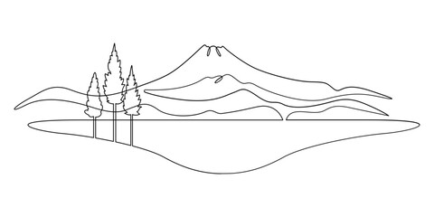 Continuous single line drawing Mountain valley. Lake among the mountains. Trees on the bank of a reservoir. Linear design. One continuous line isolated minimalist illustration. Not AI.
