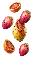 Vibrant prickly pears and slices, some with seeds visible, isolated on transparent background