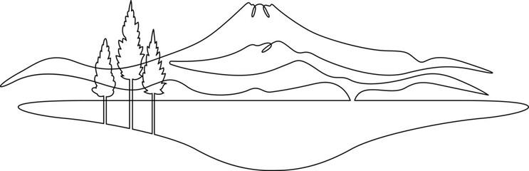 Continuous single line drawing Mountain valley. Lake among the mountains. Trees on the bank of a reservoir. Linear design. One continuous line isolated minimalist illustration. Not AI.