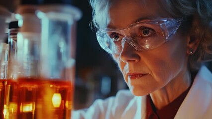 Woman in lab coat and goggles, focusing on test tubes and beakers - Powered by Adobe