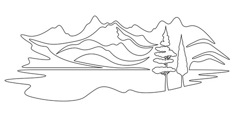 Continuous single line drawing Mountain valley. Lake among the mountains. Trees on the bank of a reservoir. Linear design. One continuous line isolated minimalist illustration. Not AI.