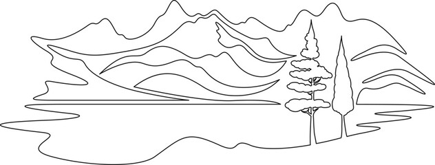 Continuous single line drawing Mountain valley. Lake among the mountains. Trees on the bank of a reservoir. Linear design. One continuous line isolated minimalist illustration. Not AI.
