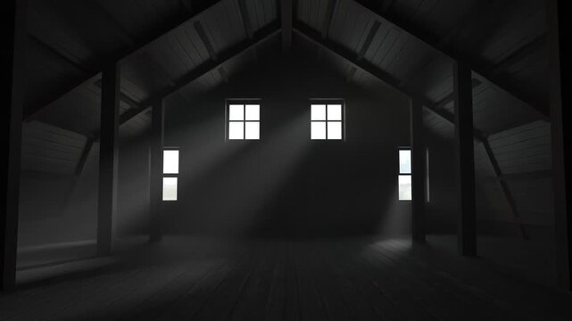 animation of gambrel barn interior with light beams