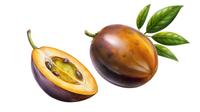 Whole and sliced passion fruit with leaves isolated on transparent background