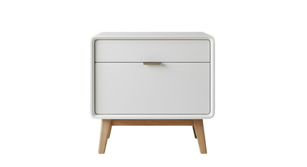 White minimalist nightstand stands on wooden legs. Smooth surfaces. Ideal for bedroom decor, product presentation, and lifestyle branding.