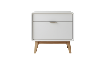 White minimalist nightstand stands on wooden legs. Smooth surfaces. Ideal for bedroom decor, product presentation, and lifestyle branding.