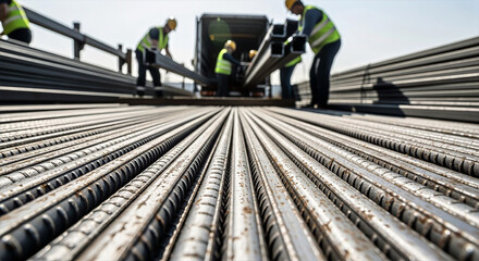 Fototapeta premium Industrial workers handling steel rebar on construction site with rows of rusting metal rods. Steel rebar preparation is essential in construction for structural integrity and safety.