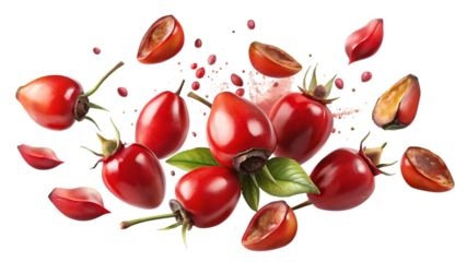 A vibrant arrangement of rose hips and leaves scattered and isolated on a transparent background, with some cut in half revealing seeds and pulp