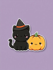 Cute kawaii black cat with witch hat and pumpkin on purple background