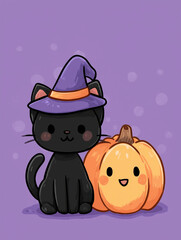 Cute kawaii black cat with witch hat and pumpkin on purple background illustration for Halloween