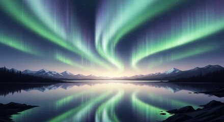 Mesmerizing Northern Lights Reflection: Vibrant Green and Purple Aurora Over Calm Lake.