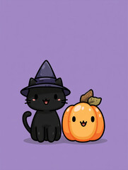 Cute kawaii black cat with witch hat and pumpkin on purple background illustration for Halloween