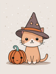Cute kawaii orange cat with witch hat and pumpkin on cream background illustration for Halloween