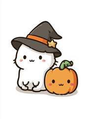 Cute kawaii white cat with witch hat and pumpkin on white background illustration for Halloween