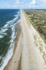 Aerial View of Serene Coastal Beach with Ocean Waves and Grassy Terrain