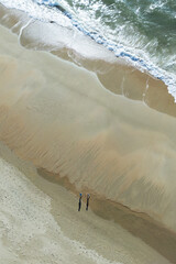 Aerial View of Serene Coastal Beach with Ocean Waves and Grassy Terrain