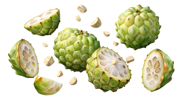 Custard apple fruit isolated on transparent background, whole and cut in half, showing creamy white flesh and seeds, exotic food concept - Powered by Adobe