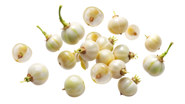 A collection of small, unripe green tomatoes or tomatillos are scattered and isolated on a pure transparent background, showcasing their delicate stems and smooth, round surfaces