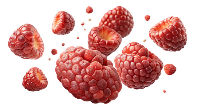 Ripe raspberries falling isolated on transparent background - Powered by Adobe