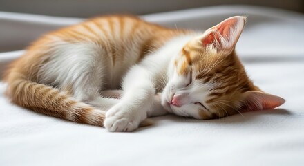 Adorable ginger and white tabby kitten sleeping peacefully on a bed.