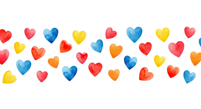Colorful Watercolor Hearts Pattern Love Design Cut Out PNG.