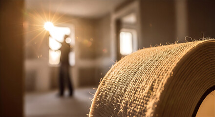 Golden sunlit lumber warehouse featuring soft focus on wooden planks and sunlight streaming in. Forklift positioned in background enhances industrial setting for construction materials.
