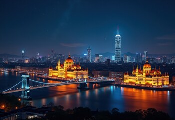 Obraz premium Spectacular Night Views of Iconic Landmarks Illuminated in Dazzling Lights Against a Starry Sky