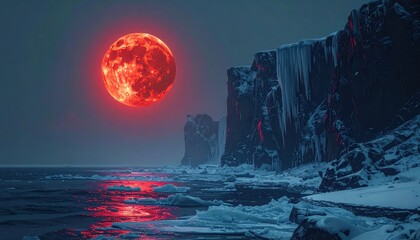 The captivating celestial landscape presents a vibrant red moon suspended above a serene, icy ocean setting, reflecting its fiery glow on the frigid water, and the imposing icy cliffs.