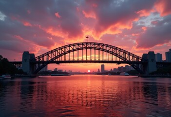 Naklejka premium Stunning Sunset Behind Iconic Bridge Silhouette Dramatic Sky Urban Landscape Reflection