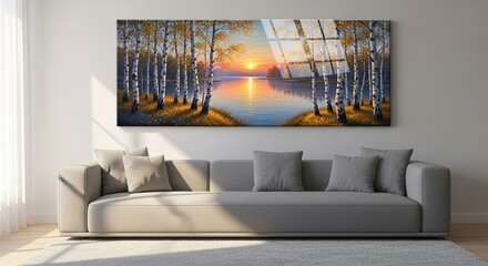 Birch Forest Sunset Canvas Above Modern Gray Sofa Warm Light Serene Interior.