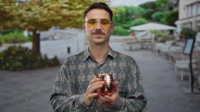 Young man smiling and holding a cup on a vibrant city street, wearing stylish glasses and patterned shirt under lush trees, conveying a relaxed urban vibe.