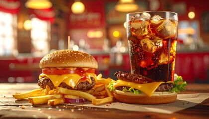 Two cheeseburgers, fries, and soda in a diner