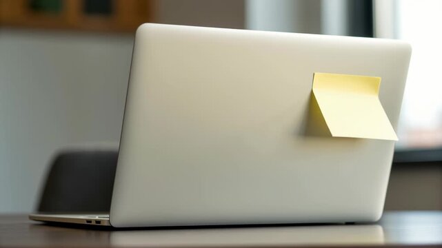 Impact of Shutdowns on Productivity in Office Workspaces Laptop with Yellow Sticky Note on Wooden Table