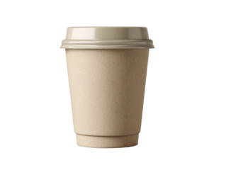 Warm beverage served in a plain brown paper cup on a bright morning