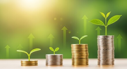 Ascending Coin Stacks with Sprouting Plants: Financial Growth and Sustainable Investment Concept.