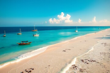 Obraz premium Generative AI serene tropical beach with sailboats and azure waters.