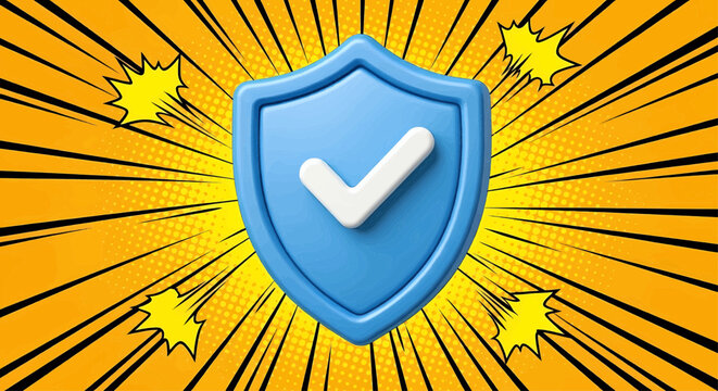 3d blue shield icon with a checkmark, a cyber security and data protection symbol on a pop art background