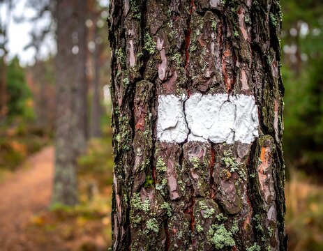A close-up of a tree trunk with a white trail marker.  Autumn forest path visible in the background - Powered by Adobe