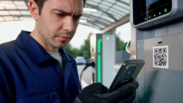Man Using Smartphone at Electric Vehicle Charging Station