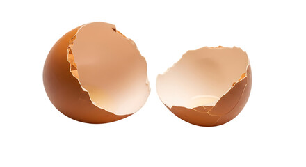 Two halves of a cracked brown chicken eggshell lying next to each other isolated on transparent background