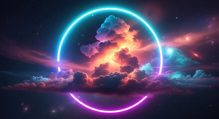 Ethereal Neon Ring Framing a Fiery Luminous Cloud in a Cosmic Sky.