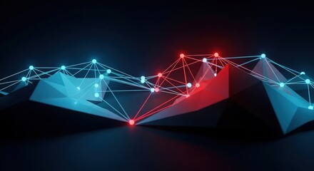Abstract Network: Glowing Red and Blue Nodes Connected by Lines on Dark Background.