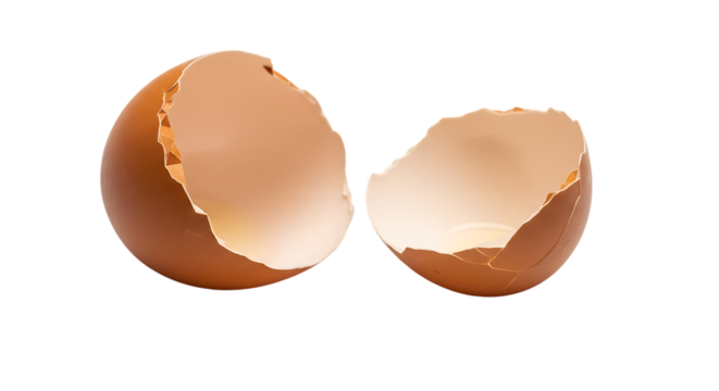 Two halves of a cracked brown chicken eggshell lying next to each other isolated on transparent background