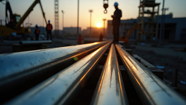 Metallic pipes on construction site during sunset with blurred silhouette of workers and machinery in the background.