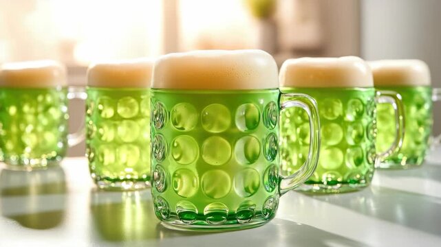 A collection of green glass mugs filled with a light-colored beer, likely for St. Patrick's Day or an Irish celebration.