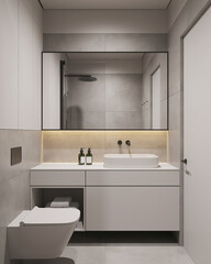 Clean modern bathroom with built-in sink, large mirror, and light neutral finishes.
