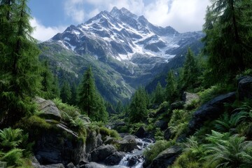 Obraz premium Majestic mountains rise above a lush green valley with a flowing stream and thick foliage