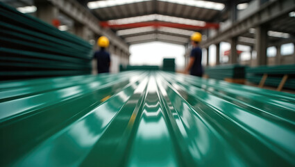 Shiny green corrugated metal roofing sheets stacked in warehouse with workers in background. Industrial scene showcases organized construction materials,
