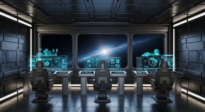 Futuristic spaceship command bridge with holographic displays and a view of outer space.